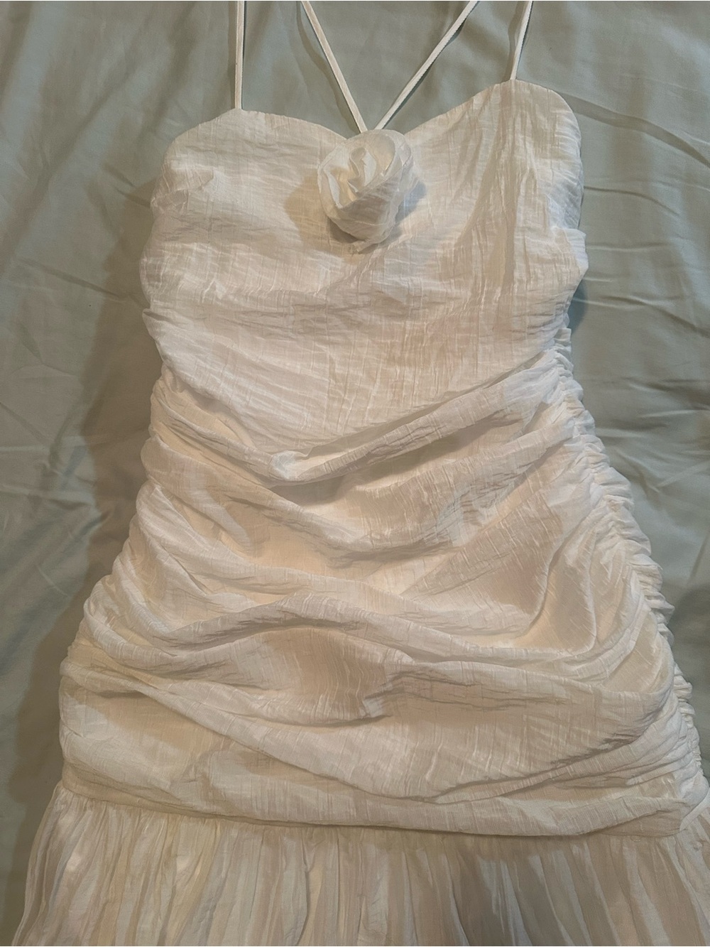 Lulus Dream Elegance Drop Waist White Ruched Midi Dress Rosette Small - Picture 5 of 10